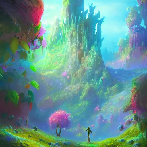 Prompt: a beautiful colorful interesting detailed storybook fantasy distant landscape view of a Wonderland full of weird trees and flowers, magic the gathering, Marc Simonetti and Anato Finnstark, neon pastel color palette, vibrant 8k rendering, Pixar concept art, trending on artstation HQ