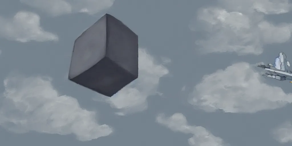 Prompt: a cell - shaded studio ghibli concept art study of a grey cube in the sky. a fighter jet is also in the sky. wide shot, very dull colors, hd, 4 k, hq
