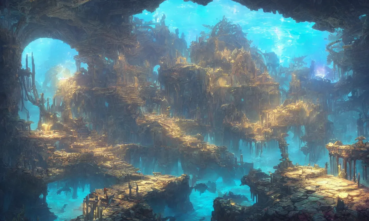 Image similar to a beautiful painting of a lost temple of the underwater world, atlantis, light effect, by tyler edlin and greg rutkowski, unreal engine, trending on artstation