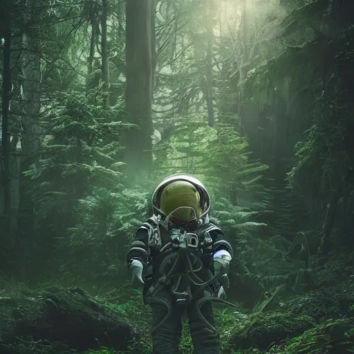 Prompt: prometheus astronaut in the forest with plants environment ,wide angle low, cinematic atmospheric lighthing, octane render, by craig mullin,