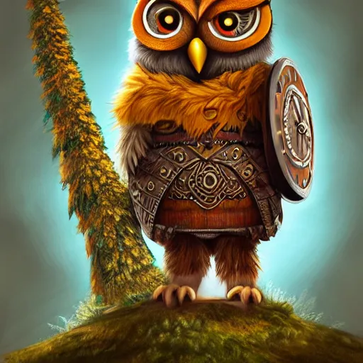 Prompt: A detailed, highly realistic anthropomorphic owl with a viking helmet and round shield standing in front of a tree, an anthropomorphic owl with a fluffy face wearing armor in front of a tree, digital art, ArtStation, Commission, Award Winning