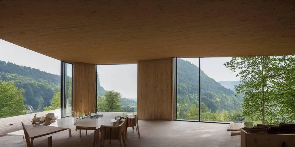 Prompt: a house by the river rhein close to mumpf designed by peter zumthor, beautiful ambient light, golden hour