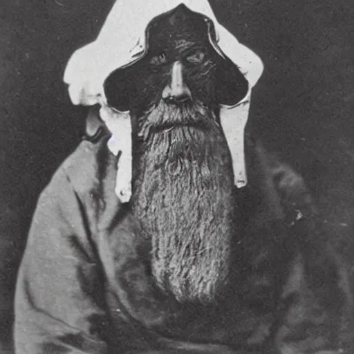 Image similar to hermit alchemist wearing scary headmask, 1900s photograph