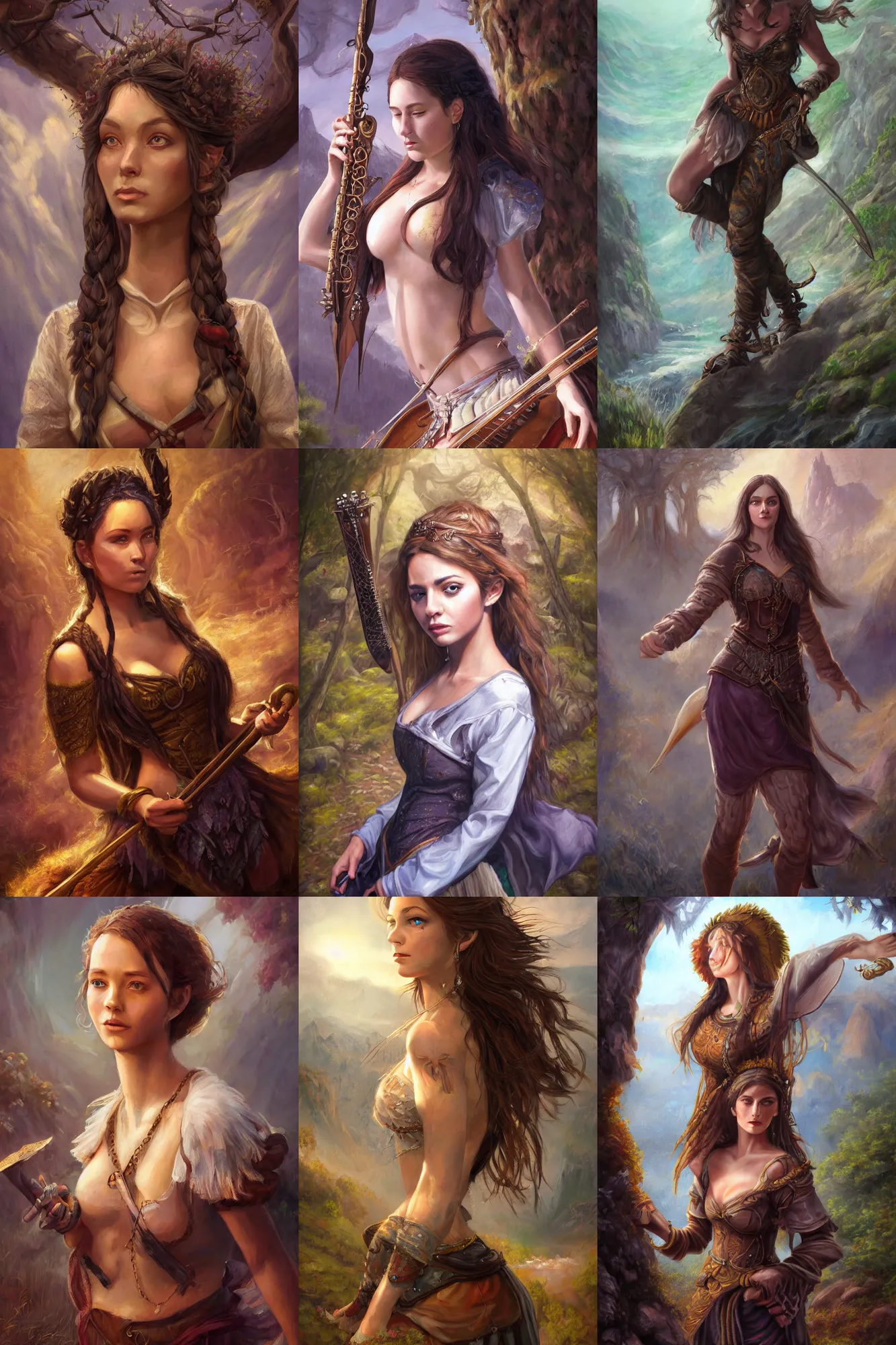 Image similar to a full body high detail fantasy portrait oil painting illustration of a single beautiful bard woman by justin sweet with face and body clearly visible, in a scenic background, pretty eyes, realistic proportions, d & d, rpg, forgotten realms, artstation trending, high quality, sombre mood, artstation trending, muted colours, entire person visible!