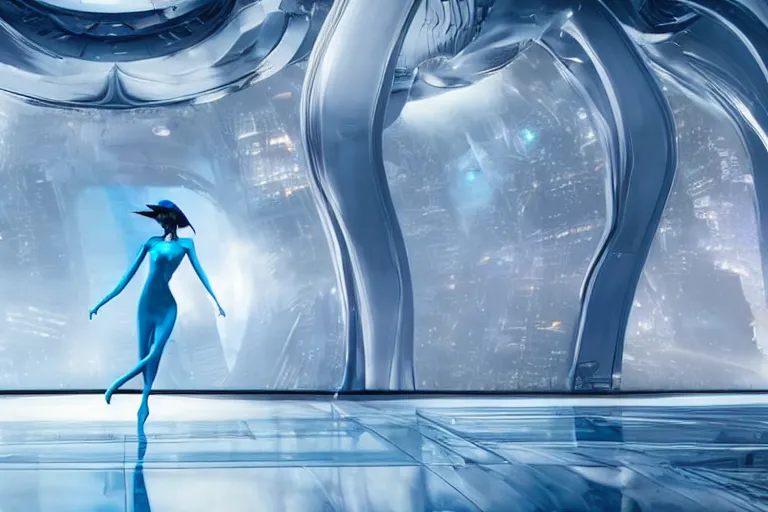 Image similar to vfx movie scene closeup of beautiful blue skin alien woman dancing in sleek futuristic decadent spaceship pillars, futuristic ballroom. giant windows view of earth obit. by emmanuel lubezki