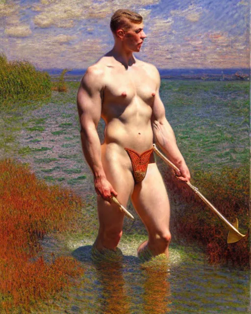 Prompt: muscular soldier wading through a river, sunlight shining on his skin, reflective water, painting by tom of finland, gaston bussiere, craig mullins, j. c. leyendecker, claude monet