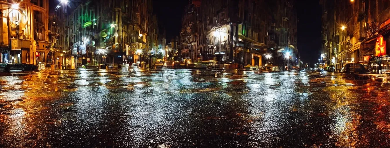 Image similar to beautiful photo, aspic on road, night, rain, modern street, lights, close up the fat frog on wet road