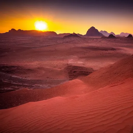 Prompt: sunset in the wadi rum desert, national geographic