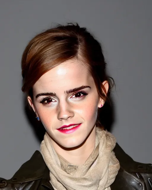 Prompt: headshot of a smiling, emma watson, she is wearing a leather bomber cap on her head, she is also wearing an a 2 flight jacket, a long green wool scarf is wrapped around her neck