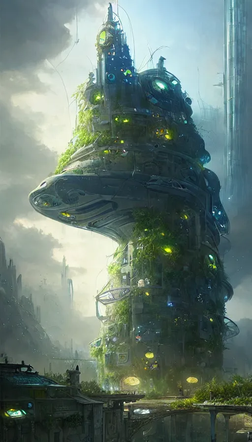 Prompt: a giant fish tank shaped like a tower in the middle of a future city, godray on plants, fantasy digital art, highly detailed, ultra realistic, fantasy style art, fantasy game art by greg rutkowski, concept art