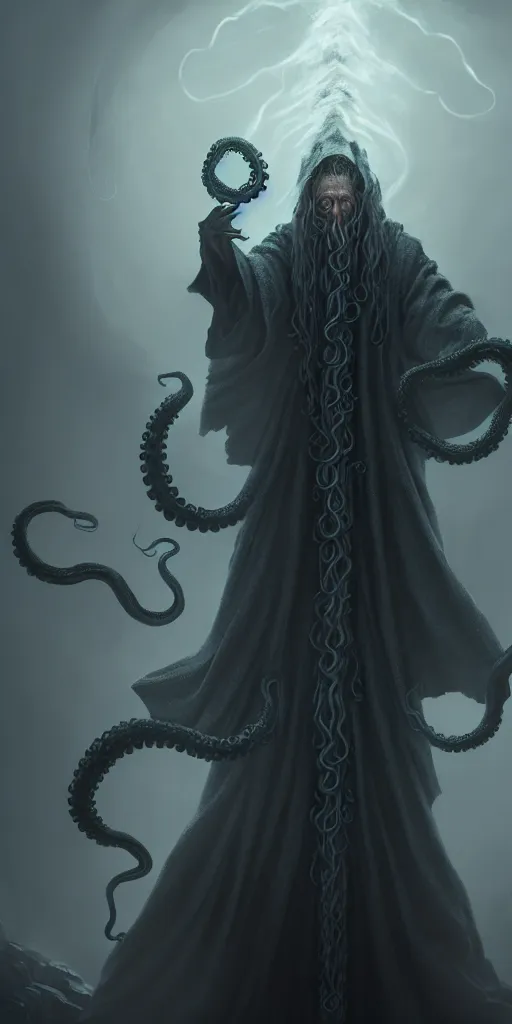 Prompt: a wizard that is slowly transforming into a tentacle monster, matte oil painting, concept art, d & d, robes, fantasy, fog, sharp focus, eldritch, award - winning, extremely detailed, 4 k, 8 k