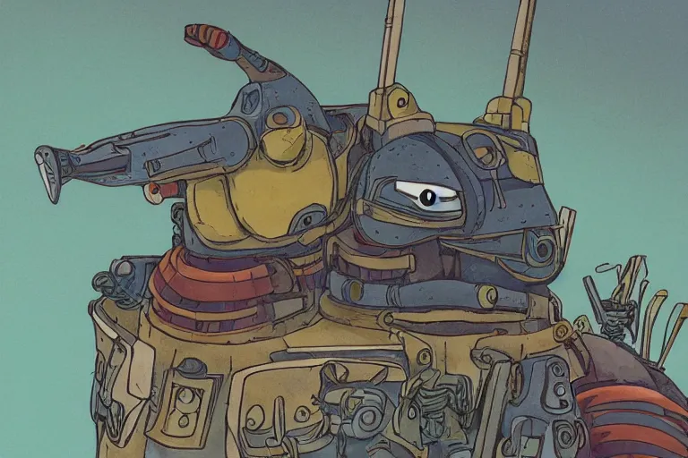 Image similar to illustration of a heavily armoured mechanical duck by studio ghibli, ominous, vivid colors, colorful