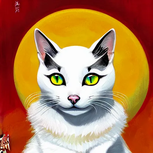 Image similar to painting of a cute white ( okami style ) ( ( kitsune ) ) cat budda with yellow patterns, plain white background, no people, art by jc leyendecker, phil hale, angular, brush strokes, painterly, crisp, portrait of a cat, cat portrait painting