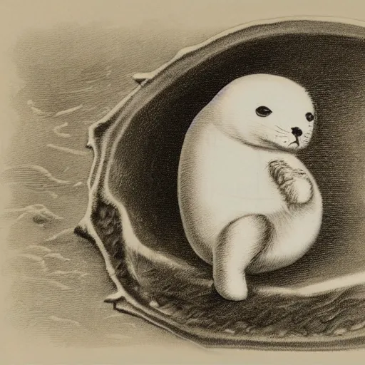 Image similar to an elvin stone engraving of a baby harp seal demigod, museum photo