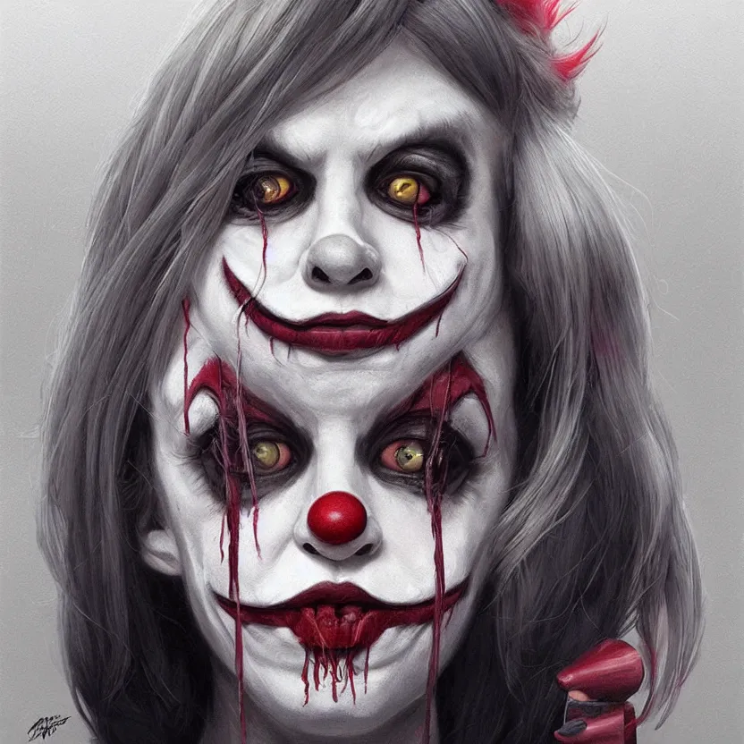 Prompt: hyperrealistic Charlene Gallego as a killer clown from outer space, trending on artstation, portrait, sharp focus, illustration, art by artgerm and greg rutkowski and magali villeneuve