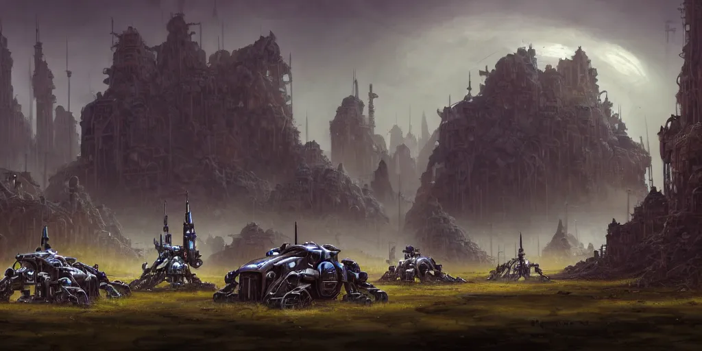 Image similar to mecha creatures in a merchant town, tents, matte oil painting, retrofuturistic, concept art, quarrying, science fantasy, mutant, lgbt, queer, rpg, epic, rusted, white salt, badlands, jungles, dungeons & dragons, sacred, sharp focus, award - winning, extremely detailed, 4 k, 8 k