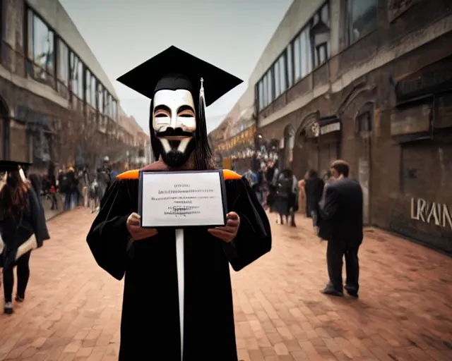 Image similar to man wearing guy fawkes mask accepts award, university graduation pose, photo, cinematic lighting