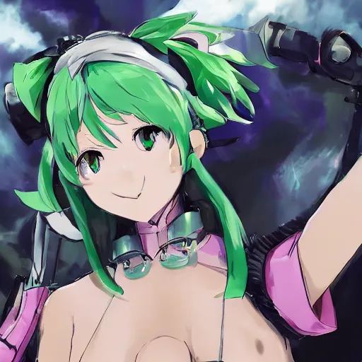 Prompt: green-haired catgirl robo cyborg cyberpunk waifu konosuba fate grand order toradora ghibli studio Howl's moving castle, bust portrait, photorealistic, artstation, anime, outfit-of-the-day, instagram, fashion outfit, inspo, street outfit, fashion model, fashion model, ootd, kpop, idol, flcl cover, yoji shinkawa greg rutkowski Craig Mullins Noah Bradley mark arian, selfie, bust portrait, ilya kuvshinov, trending on artstation, artstation hq, very very very beautiful, symmetrical, vignette, photoshop, clip studio paint, paint tool sai, J.C. Leyendecker WLOP