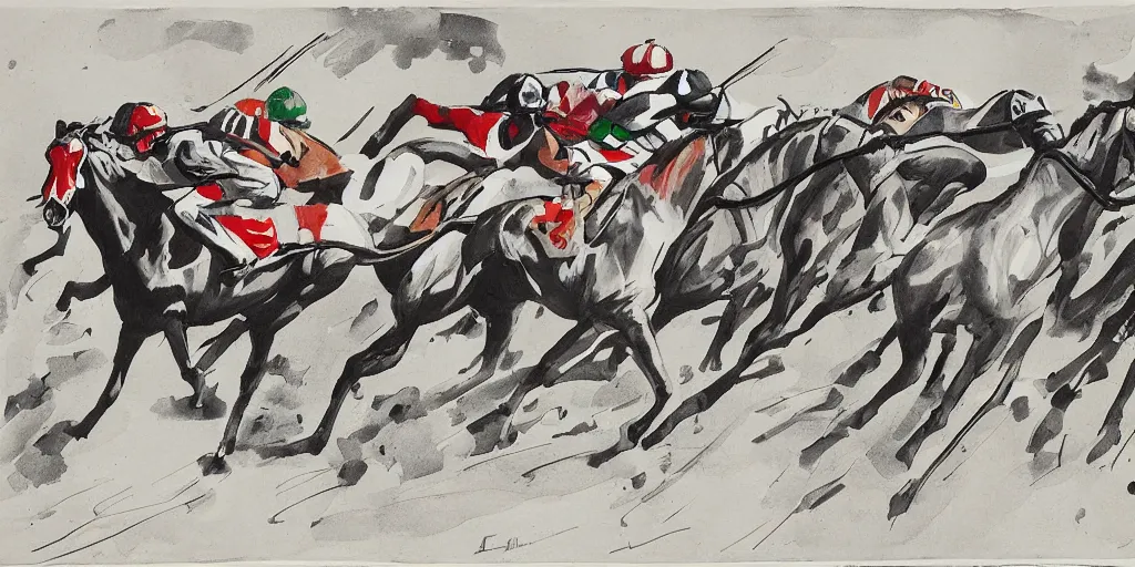 Image similar to horse race, black and white with color highlights, italian futurism style