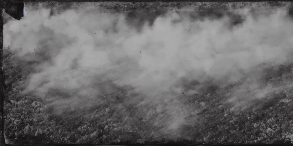 Prompt: open field, explosions, large fires everywhere, aerial view, tintype photograph
