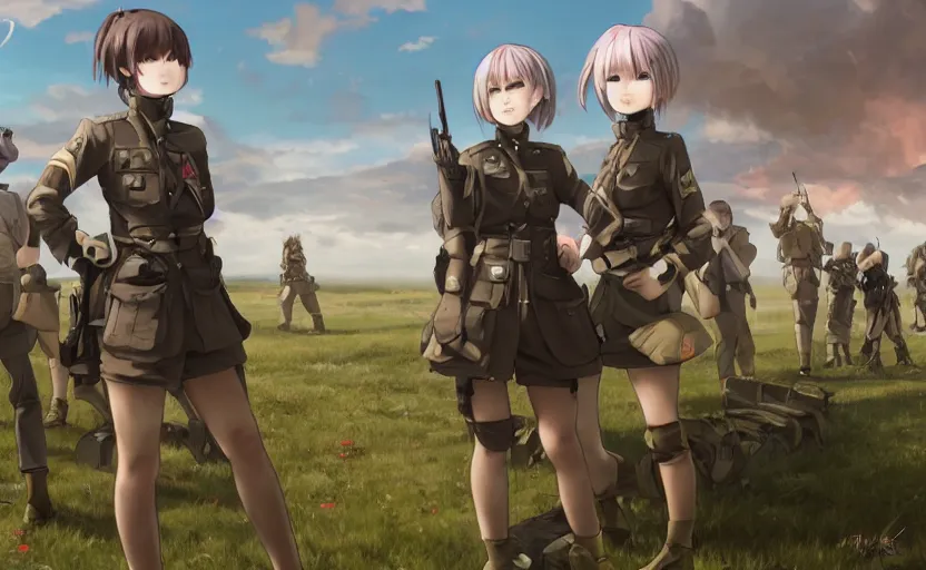 Prompt: panoramic view, girl, soldier clothing, battlefield in background, anime style, short hair, hair down, real faces, realistic anatomy, symmetrical facial features, from arknights, hyper realistic, 4 k, extreme detail, detailed drawing, trending artstation, safebooru, realistic lighting, by alphonse mucha, greg rutkowski, anime eyes, sharp focus