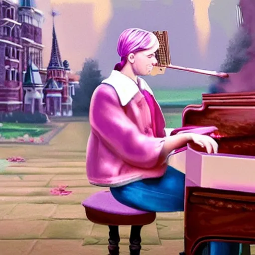 Prompt: highly detailed matte painting of gen z russian playing a pink keyboard with a cup of tea, realistic,