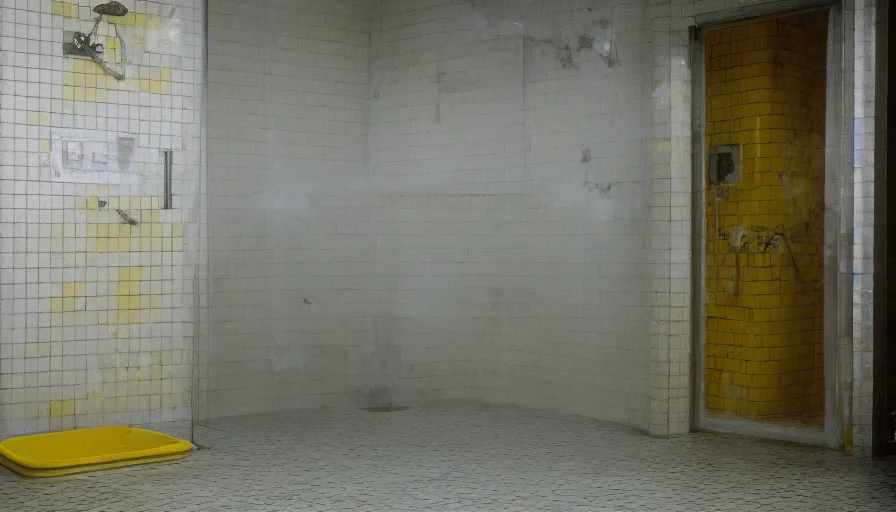 Prompt: 60s movie still of a sovietic stalinist style empty prison shower with yellow tiles and a bloody corpse, cinestill 800t 50mm eastmancolor, liminal Space style, heavy grain-s 150
