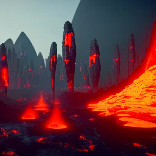 Prompt: a scorching magma realm with futiristic factories, muspelheim, scandinavian / norse influenced, cinematic, ray traced, octane render, cinematic lighting, ultrarealistic, featured on artstation, 8 k uhd artwork