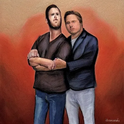 Prompt: Tim Heidecker standing behind Alex Jones while laying a comforting hand on his shoulder. Religious painting.