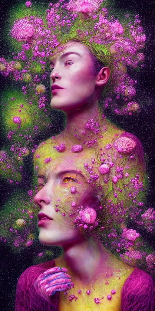 Prompt: hyper detailed 3d render like a Oil painting - portrait of Aurora (Singer) seen Eating of the Strangling network of yellowcake aerochrome and milky Fruit that covers her body and Her delicate Hands hold of gossamer polyp blossoms bring iridescent fungal flowers whose spores black the foolish stars by Jacek Yerka, Mariusz Lewandowski, Houdini algorithmic generative render, Abstract brush strokes, Masterpiece, Edward Hopper and James Gilleard, Zdzislaw Beksinski, Mark Ryden, Wolfgang Lettl, hints of Yayoi Kasuma, octane render, 8k