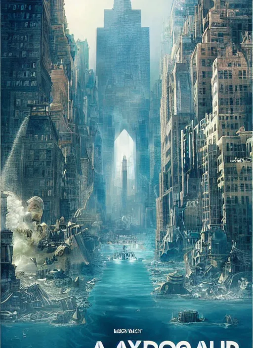 Image similar to apocalyptic new York colleding into utopia atlantis, movie poster