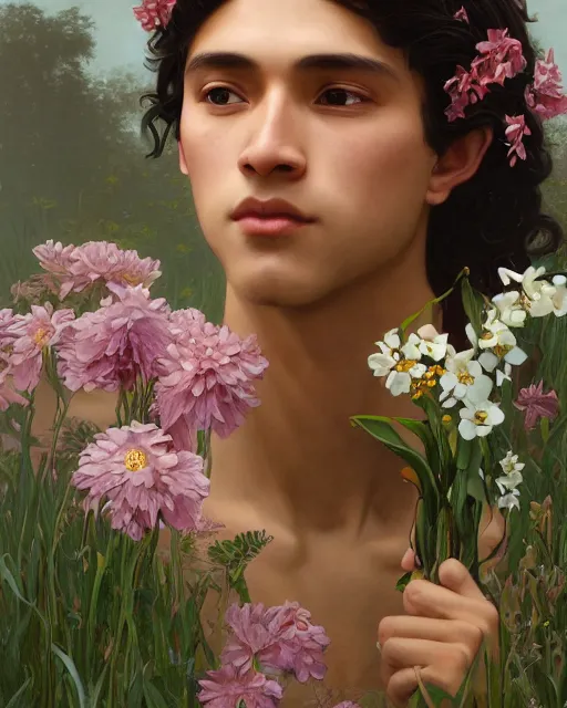 Prompt: 3 / 4 portrait, young male spring god, brown skin, long dark hair, flower dress, beautiful, flowers, detailed field background, elaborate jewelry, artstation, ilya kuvshinov, alphonse mucha, william bouguereau, rossdraws, greg rutkowski, super detailed, illustration, realistic, octane render, sharp focus, cinematic, 8 k