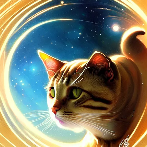 Image similar to Portrait of cat in space, intricate, elegant, highly detailed, digital painting, artstation, concept art, smooth, sharp focus, illustration, art by artgerm and greg rutkowski and alphonse mucha