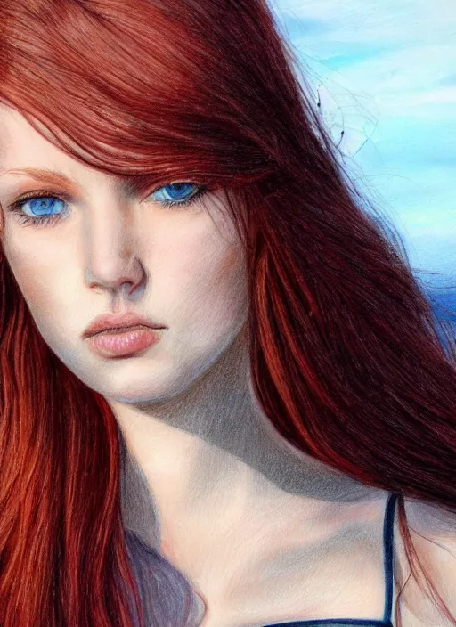 Image similar to close up portrait drawing of a ( thin young redhead woman with russian descent, sunbathed skin, with ( intricate deep blue eyes ) and ( wavy long maroon colored hair ) who looks directly at the camera with a ( slightly open mouth ) ). face takes up half of the photo. a park visible in the background. detailed 8 k art by luis royo.