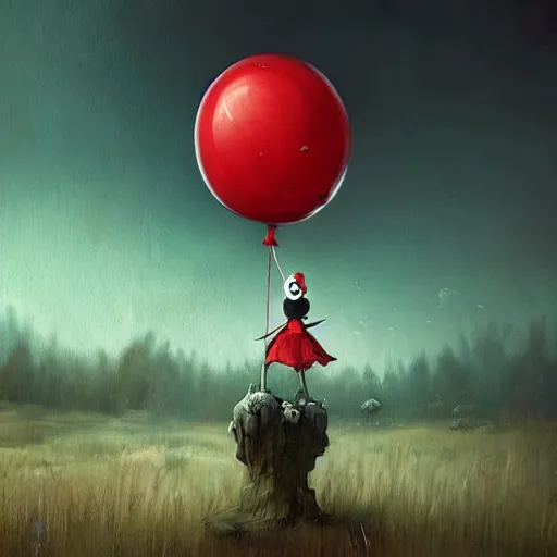 Image similar to grunge cartoon landscape painting of bilie eilish with a wide smile and a red balloon by - michal karcz, loony toons style, pennywise style, horror theme, detailed, elegant, intricate