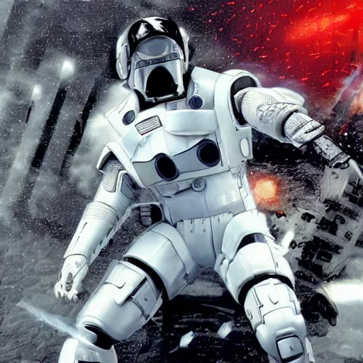 Prompt: close up photograph of an old man who is a veteran of many futuristic wars with short gray hair and blue eyes. he is wearing a white futuristic suit of heavy combat armor and holding a blaster in one hand and a plaster plazma - proof shield in the other. riding a white armored motorcycle charging into enemy lines while firing plasma bolts.