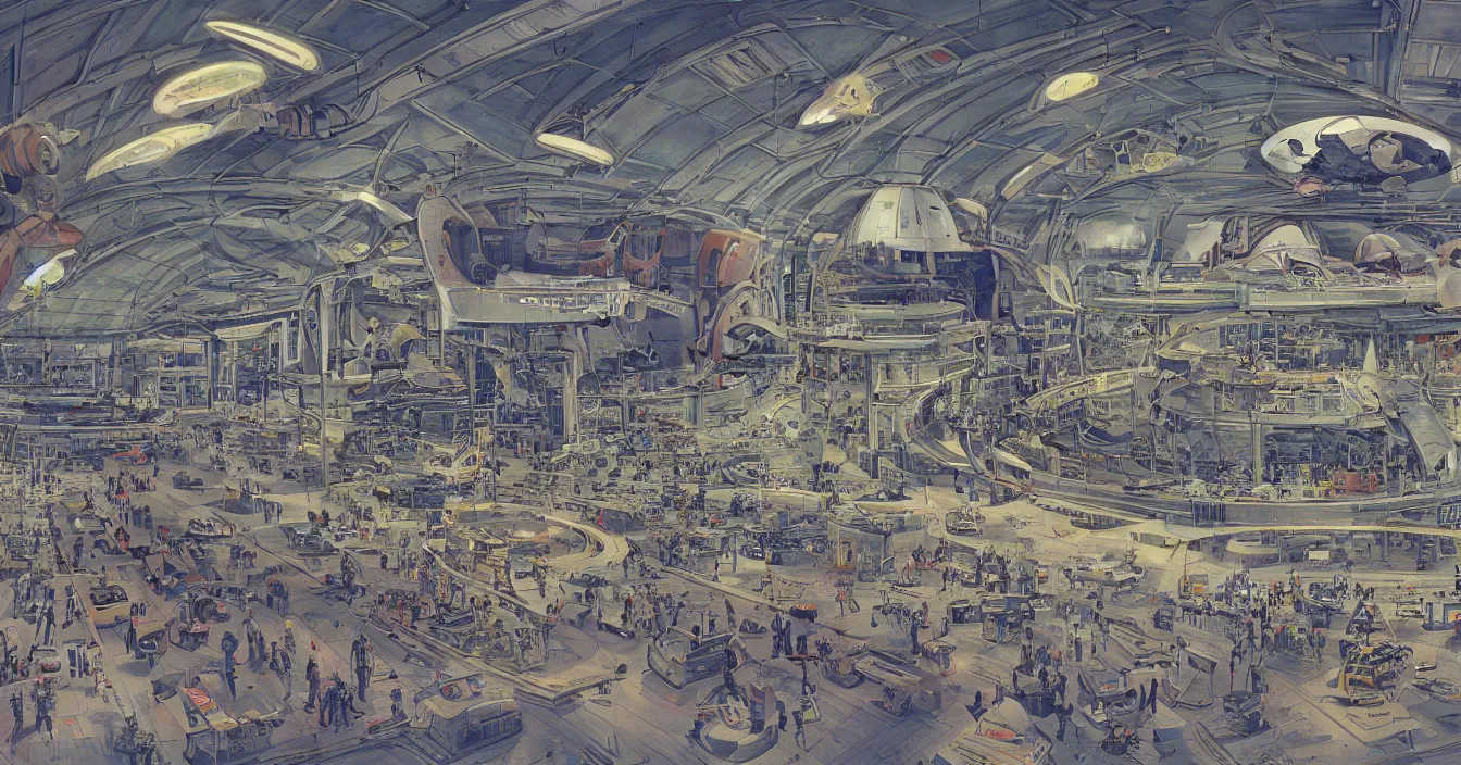 Prompt: Interior of the hall in area 55, full of alien military equipment, engineers working on flying saucers, high detail, wide perspective, saturated colors, by Feng Zhu