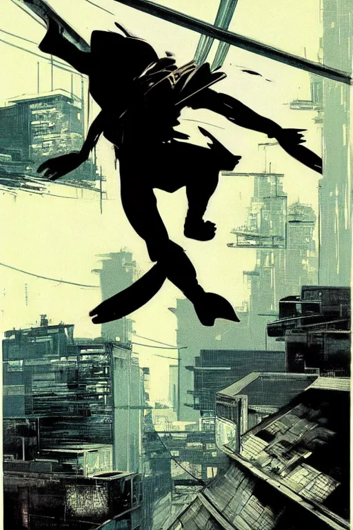 Image similar to a ninja jumping from the roof on a rainy night by syd mead, boneface, yoji shinkawa