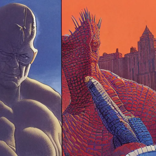 Image similar to jean giraud and moebius and don lawrence and alex ross and john romita jr, gouache and wash paints, smooth focus, sharp details, detailed details, bokeh, 4 k, fine 5 k details, fine details, fine intricate, fine facial proportionate, fine body proportionate / ultraman versus godzilla in city of new york