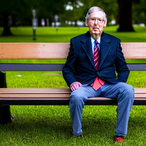 Image similar to photograph portrait of Mitch McConnell sitting on a park bench, sigma 85mm f/1.4, 4k, depth of field, high resolution, 4k, 8k, hd, full color