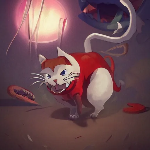 Image similar to terribly feared cat running away from the giant carnivorous sandwich, artstation hq, dark phantasy, stylized, symmetry, modeled lighting, detailed, expressive, true unsimulated emotions, created by hayao miyazaki