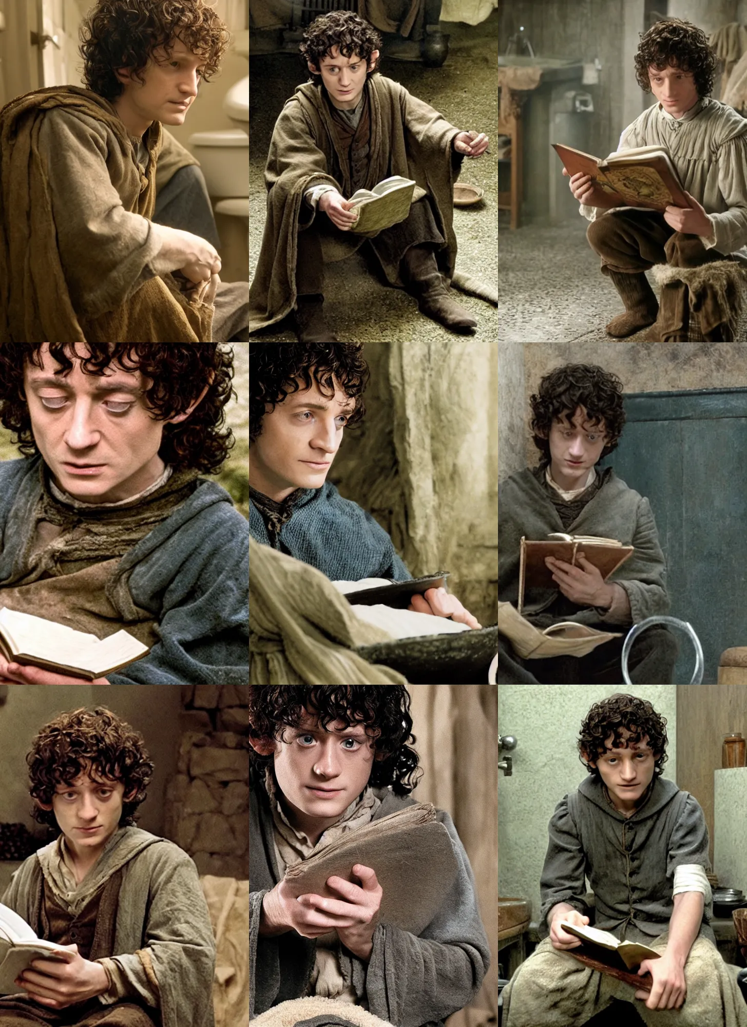 Prompt: still of frodo baggins sitting on his toilet reading