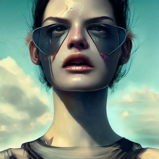 Image similar to 3 d, close - up, screaming fashion model face, sun, cinematic, clouds, vogue cover style, dystopian art, poster art, futuristic, fantasy artrealistic painting, intricate oil painting, high detail illustration, by tooth wu and wlop and beeple and greg rutkowski