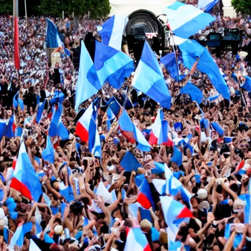 Image similar to Lady Gaga as president, Argentina presidential rally, Argentine flags behind, bokeh, giving a speech, detailed face, Argentina