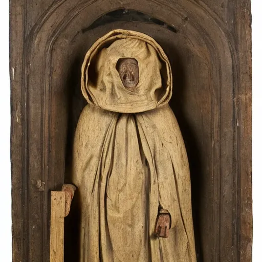 Image similar to a 1 7 th century wood carving of a hooded figure with a large sack hung over his back