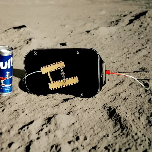 Image similar to photo of an electric guitar and a beer can on the moon surface