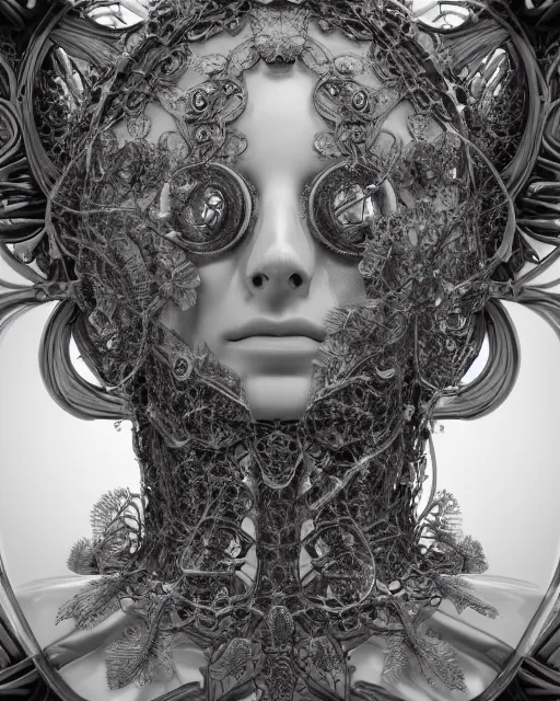 Image similar to mythical dreamy black and white organic bio - mechanical spinal ribbed profile face portrait detail of translucent steampunk beautiful female angelic - human - queen - vegetal - cyborg, highly detailed, intricate crystal ivy jelly ornate, poetic, translucent roses ornate, 3 d render, digital art, octane render, 8 k artistic photography, photo - realistic, by dora maar