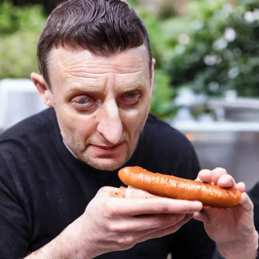 Prompt: Tim Robinson eating a hotdog bowl, like a burrito bowl but with little bits of chopped up hotdog in it