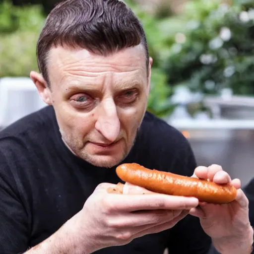 Image similar to Tim Robinson eating a hotdog bowl, like a burrito bowl but with little bits of chopped up hotdog in it