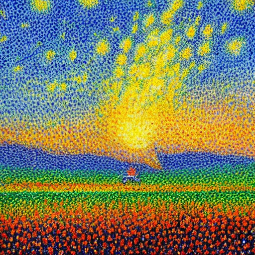 Image similar to rocket landing in a field of flowers at sunset, pointillism and impressionism painting